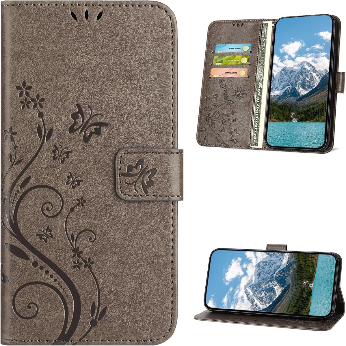 Beschermhoes voor iPhone 13 Mini, Retro Design PU leren Portemonnee [kaartsleuven], Flip Wallet Telefoonhoesje voor iPhone 13 Mini, Grijs
