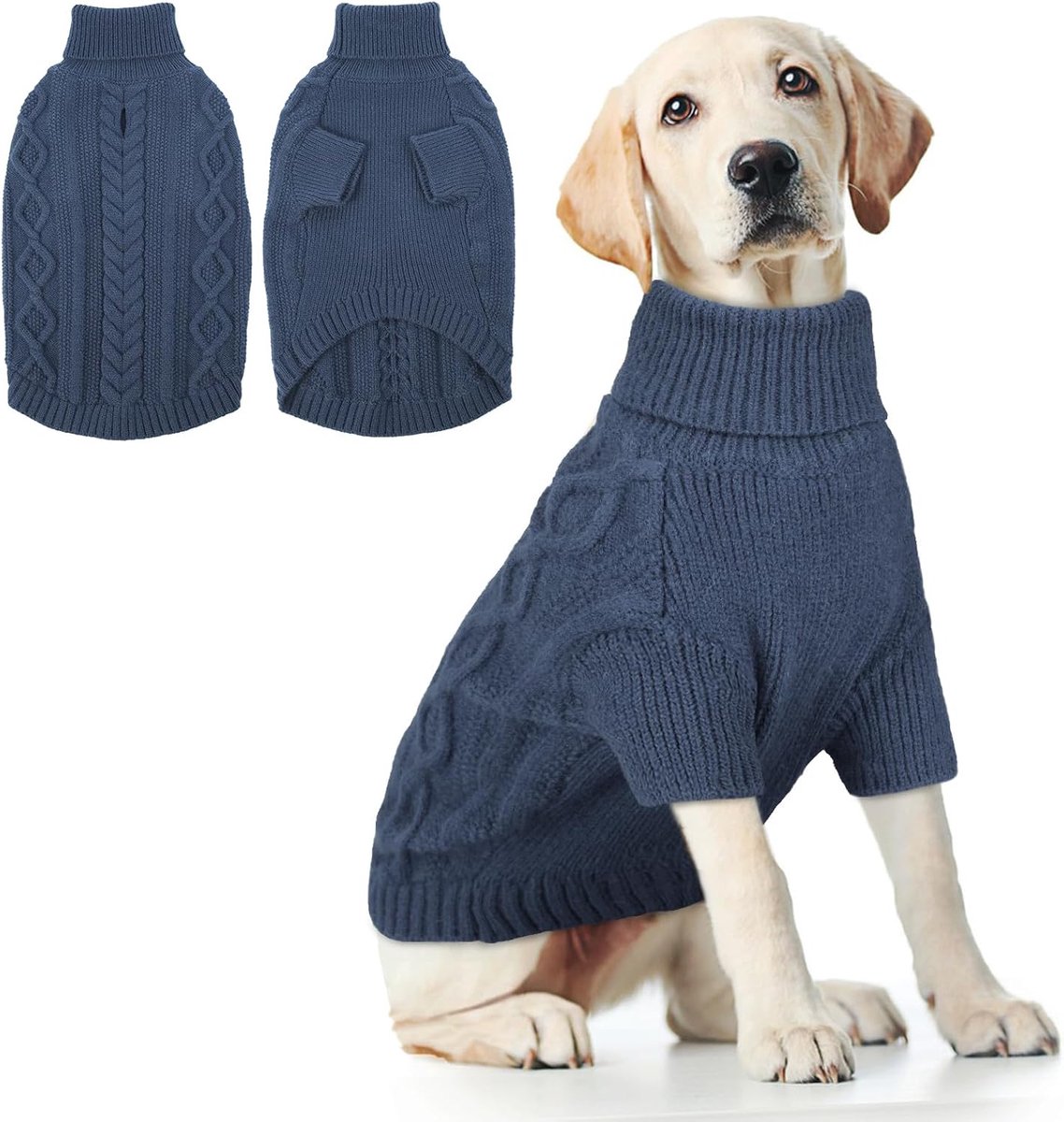 Hondentrui voor de winter, warme gebreide hondentrui voor koude dagen tegen kou en wind, comfortabele hondenkleding met harnasopening voor kleine, middelgrote en grote honden (denim blauw