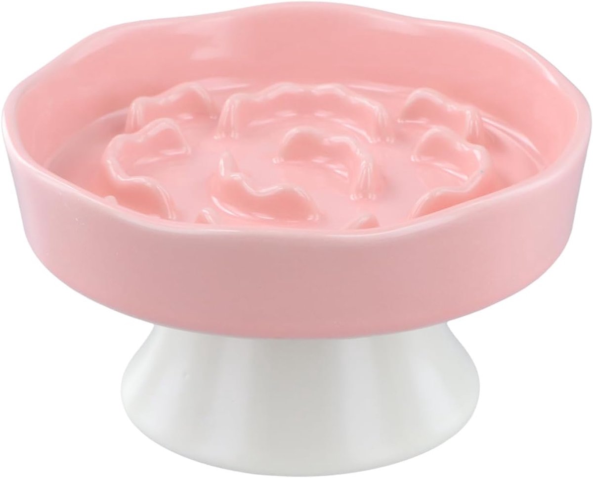 langzame voederbak voor katten, anti-verstikking, antislipbodem, gekanteld ontwerp voor nekbescherming, geschikt voor droog-/natvoer, roze