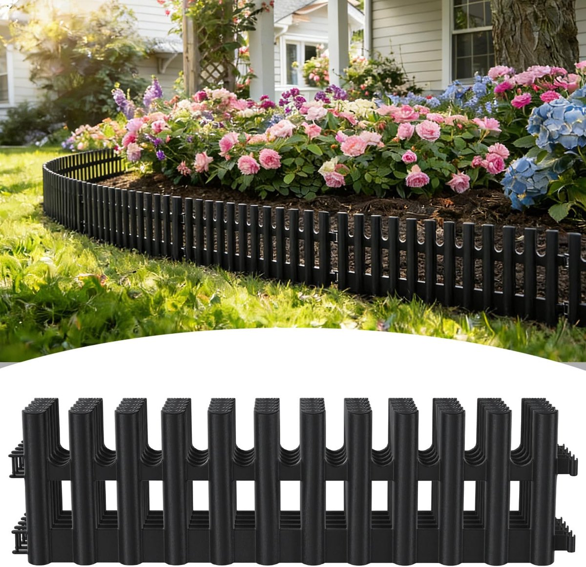 Gazonrand van kunststof, 13 cm hoog, antraciet, set van 6 met 12 grondankers (20 cm) - flexibele bloembedomranding voor tuin en gazon, eenvoudige montage