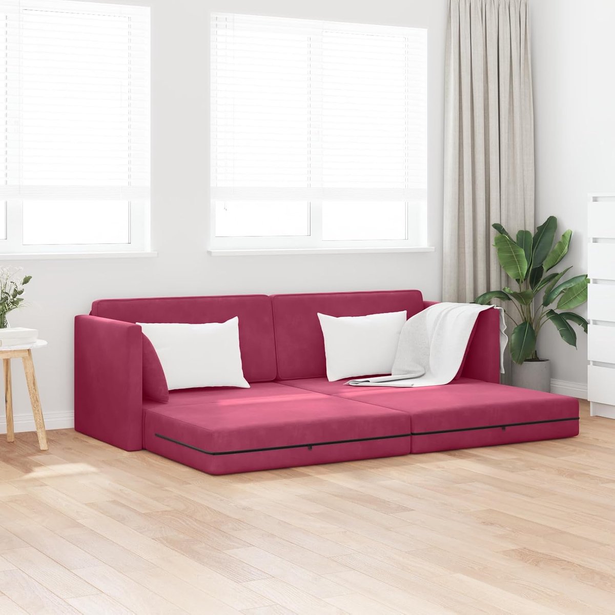 2-in-1, wijnrood, 213 x 144 x 60 cm, fluweel, met afneembare hoezen, ruime zitting voor drie personen, duurzaam modern design, ideaal voor gasten
