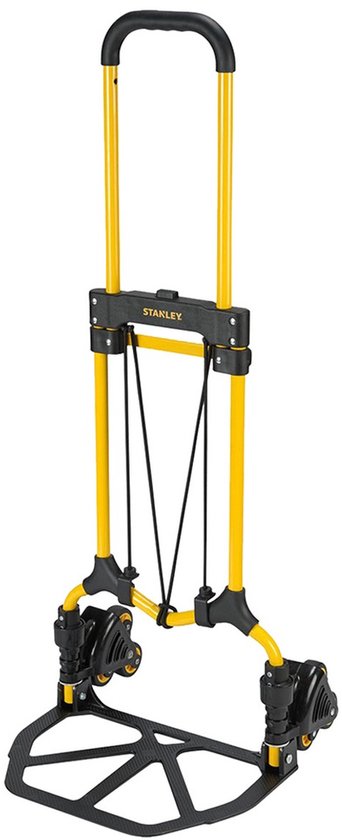 Gele Stanley steekwagen met zwart handvat en wielen. Inclusief elastiek aan de voorkant.