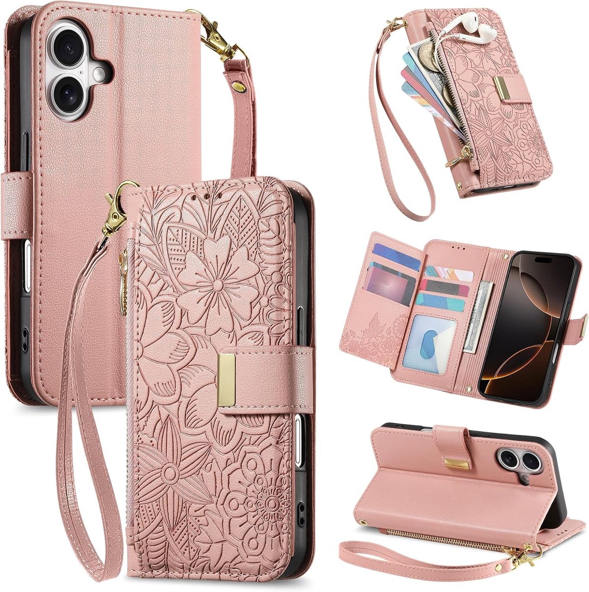 Telefoonhoesje voor Apple iPhone 16, PU-lederen opvouwbare standaardfunctie, magnetisch klaphoesje met kaartsleuven, rits-portemonneehoesje met patroon - roze