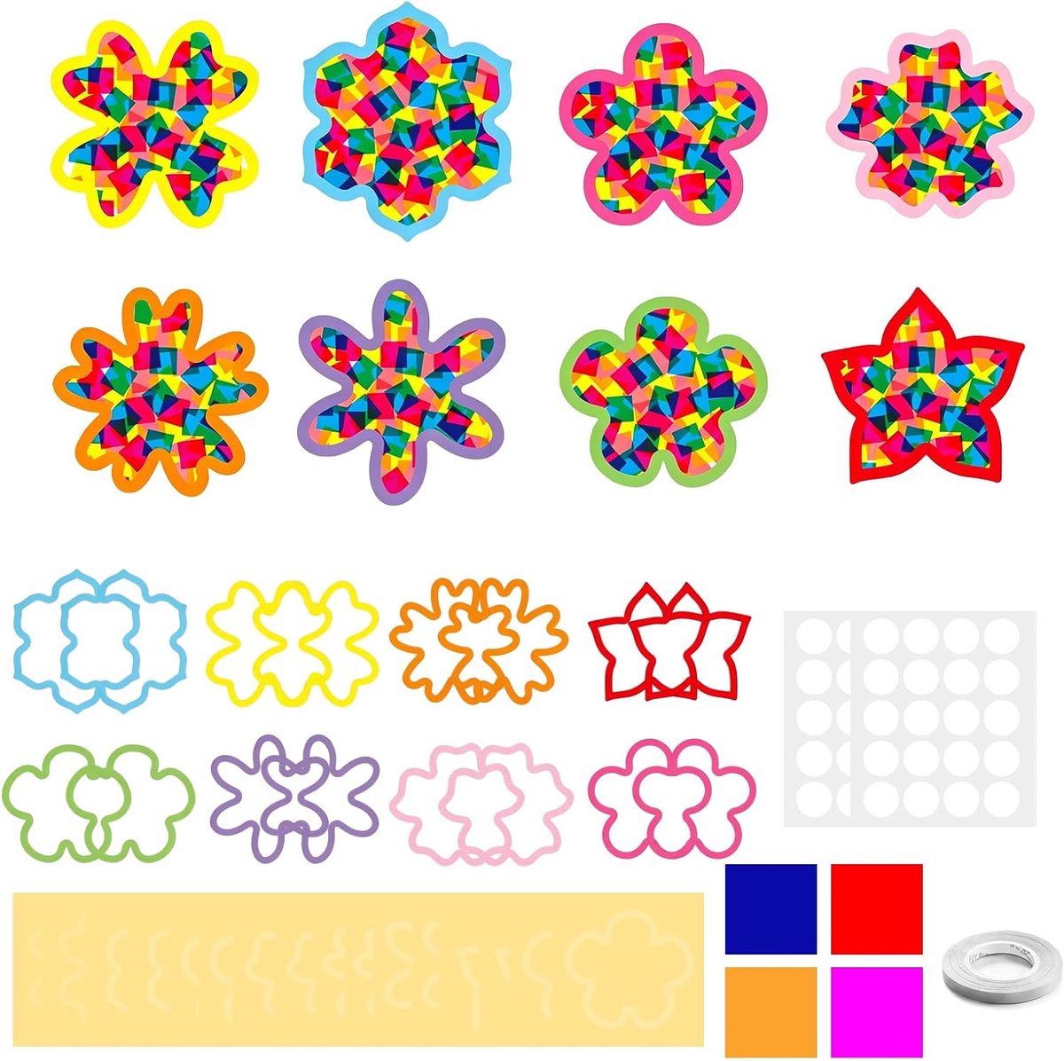 Raamstickers lente - 8 sjablonen Window Color DIY raamstickers bloemen en vlinders creatieve lentedecoratie met dubbelzijdig plakband en handleiding - 4 kleuren