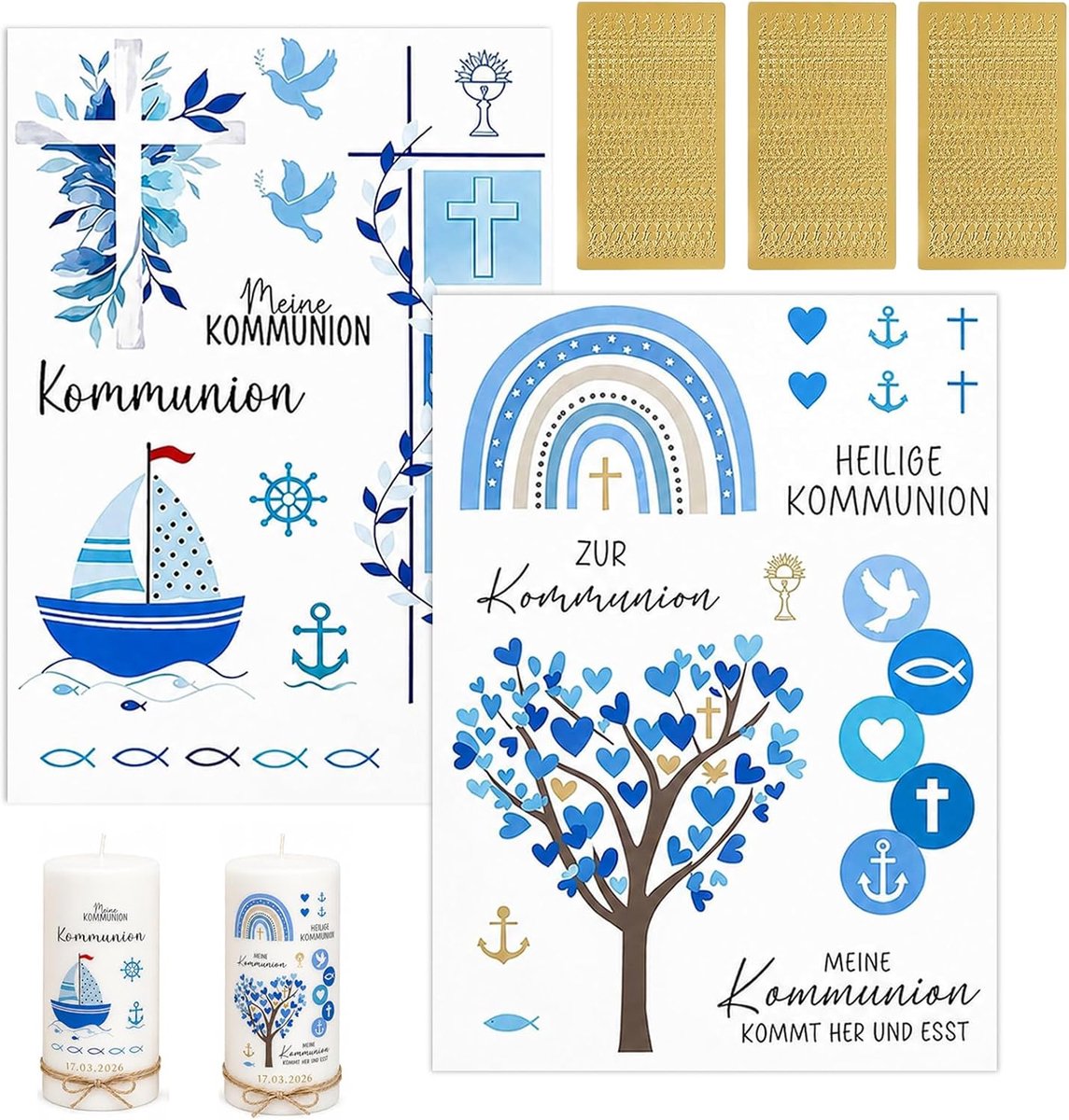 5 vellen communiekaarstatoeages, waterschuiffolie voor kaarsen, 2 waterschuiffolies, 2 letterstickers, 1 vel cijferstickers, voor Kerstmis, doopkaars, communiekaars, knutselen