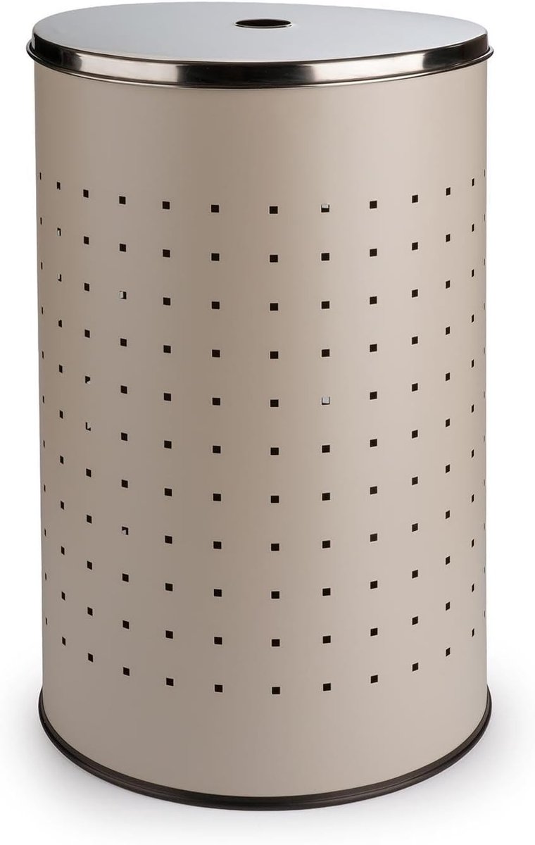 wasmand met deksel en ventilatiegaten – greige – roestvrij staal – inhoud 54 liter – Ø 35,5 cm – 57,5 cm hoog – wasemmer wasverzamelaar wasbox waskist