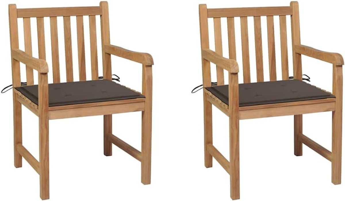 Tuinstoelen taupe 2 stuks met kussens, teakhouten terrasstoelen, robuuste terrasstoelen, rustiek design, maximale belasting 110 kg