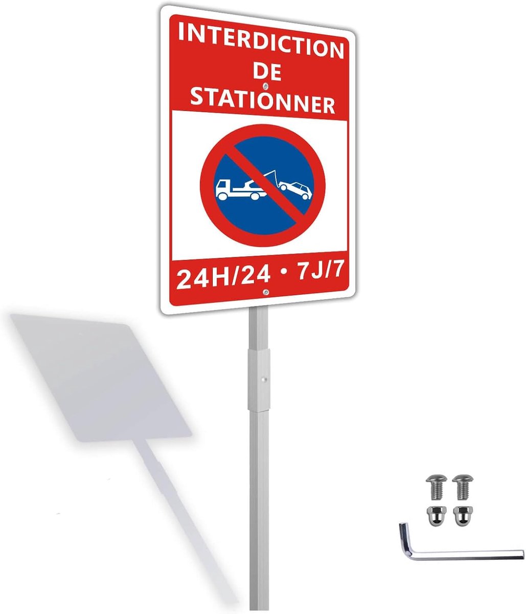 Interdiction de Stationner met grondpen 24 uur / 24 7 / 7, bord niet te parkeren 20 x 30 cm - metaal van aluminium 1 mm, reflecterende en uv-bestendige coating