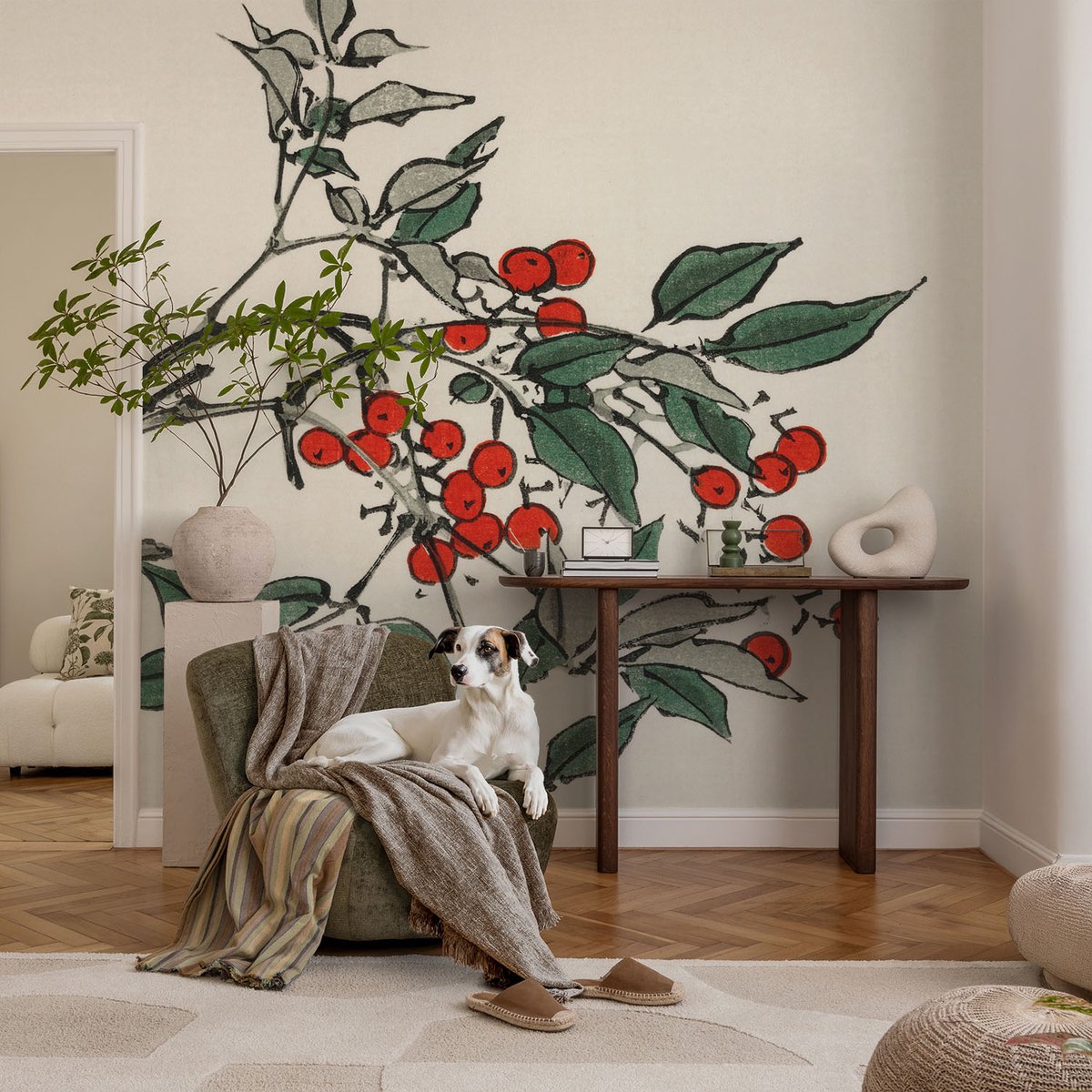 Coloray Vliesbehang - Zwart Snellijm Behang - 104x70 cm - Een Takje Bessen Muurschildering - Slaapkamer behang Bloemen En Planten - Fotobehang Vlies - Gang behang