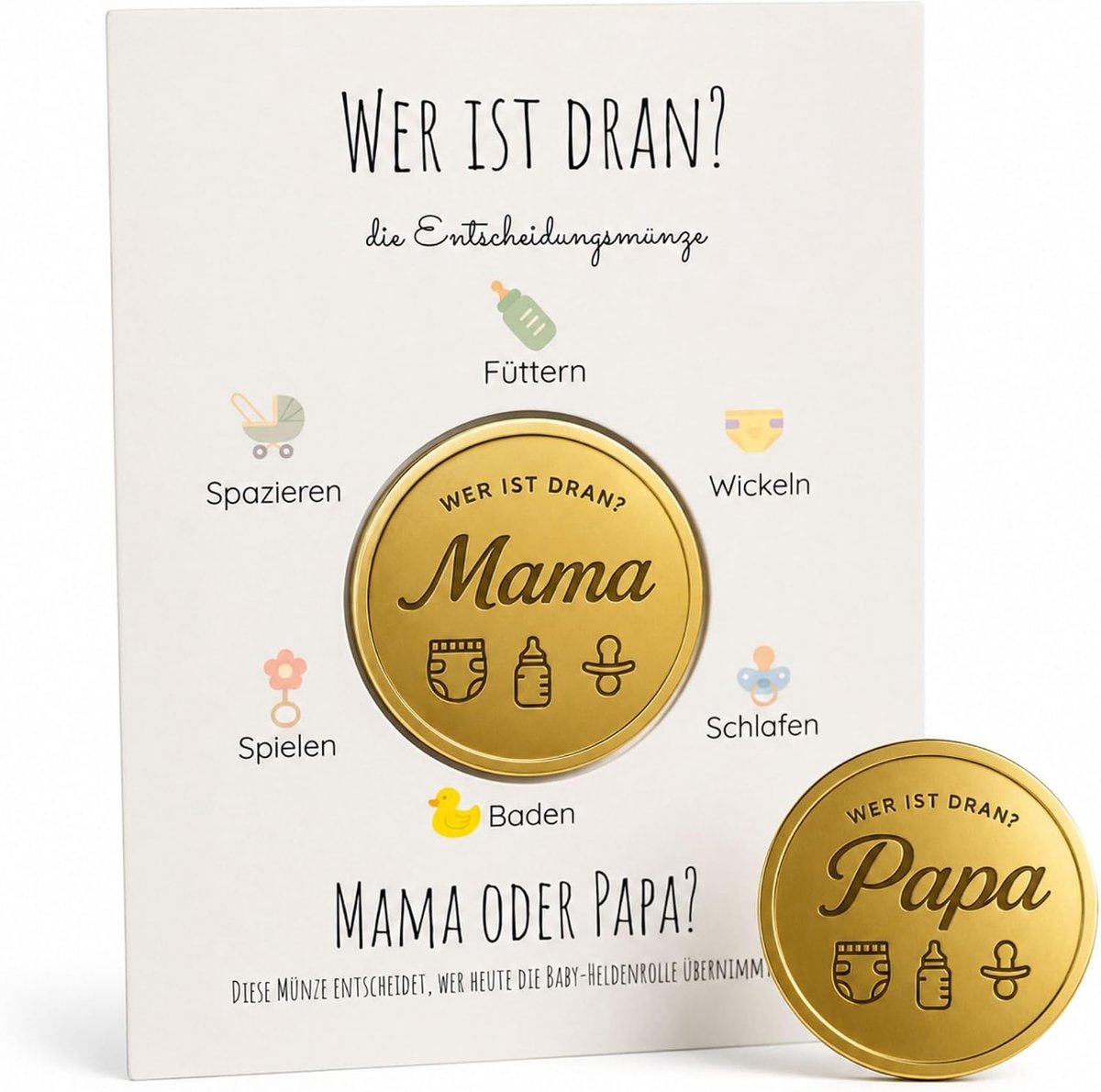 Beslissingsmunt "Mama of Papa" – gouden munt (4,5 cm) met kaart – grappig cadeau voor nieuwe ouders, babyshower, geboorte & dagelijks gezin (goud)