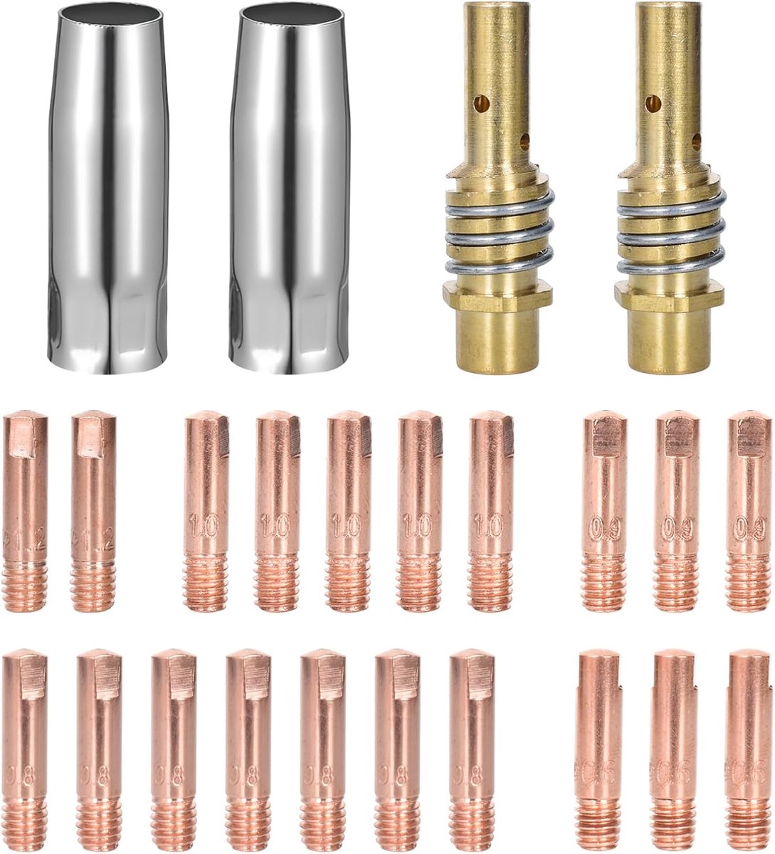 24 stuks slijtageset, accessoires voor beschermgaslasapparaten, lasaccessoireset met 20 stroompijpen M6 0,6 mm 0,8 mm 0,9 mm 1,0 mm 1,2 mm 2 x gaspijp 2 x pijpensteun lasbrander slijtageset