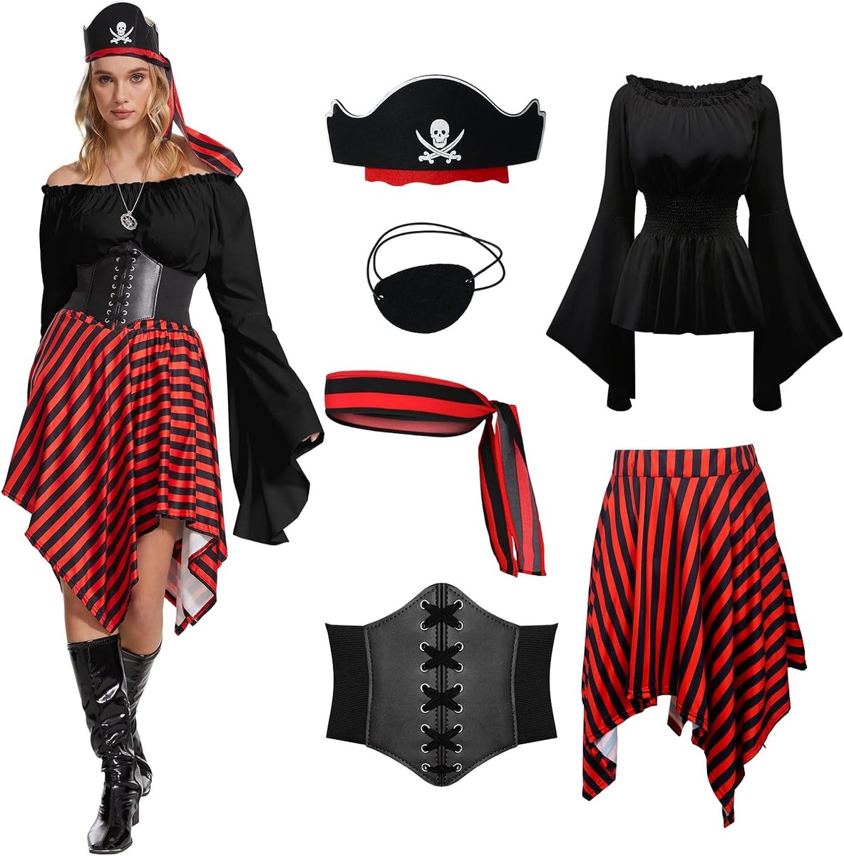 Piratenkostuum voor volwassenen en vrouwen, 6-delig, middeleeuws Vikingkostuum voor dames met blote schouders, gotische rok, piratenaccessoires, voor Halloween carnaval