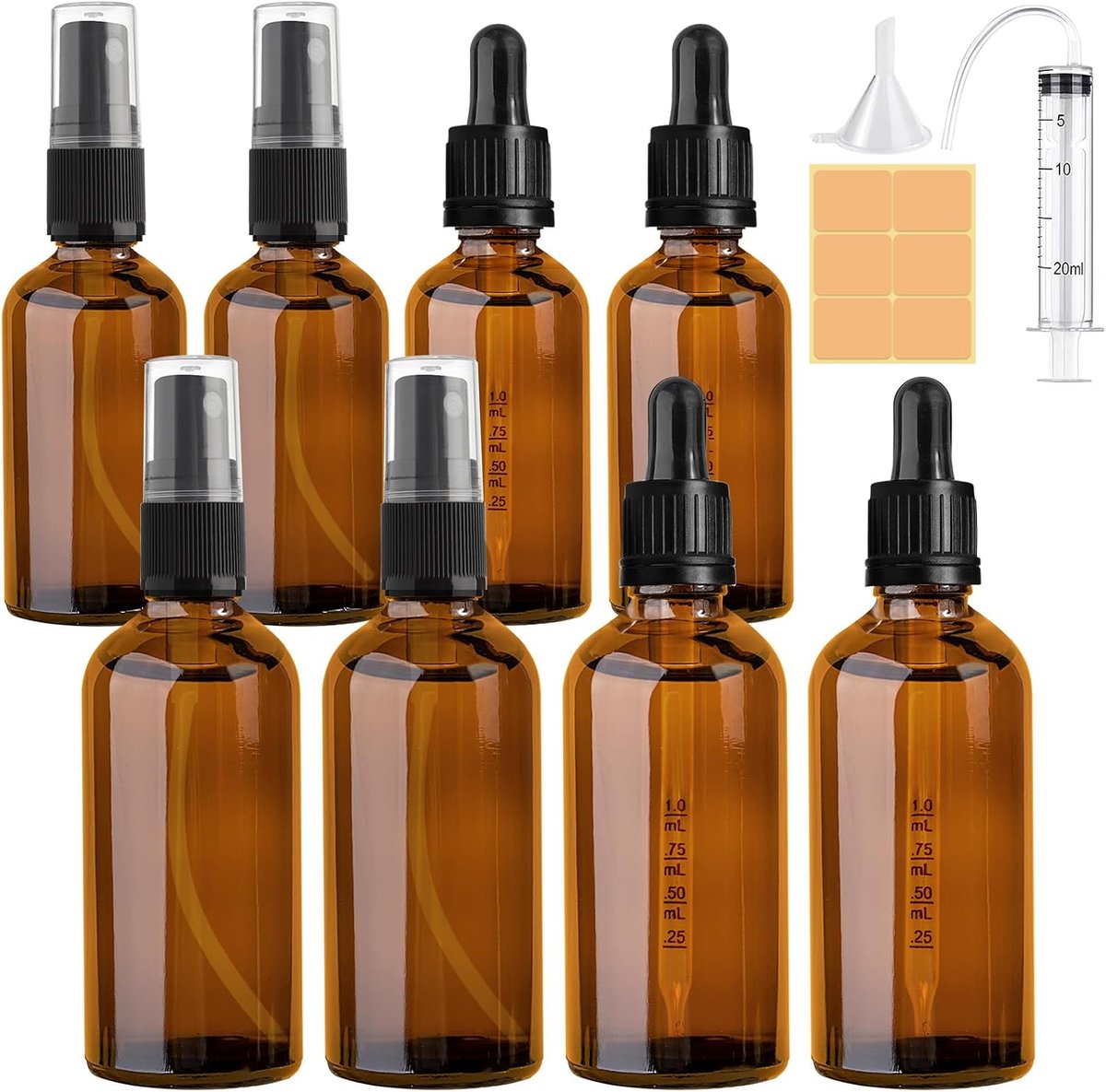 Pipetflessen 50ml/ 100 ml, bruin glas spuitfles 50 ml/ 100 ml, glazen fles, amberkleurige glazen fles apothekersfles, met trechter, pipet, spuit, etiket, voor etherische oliën, parfum