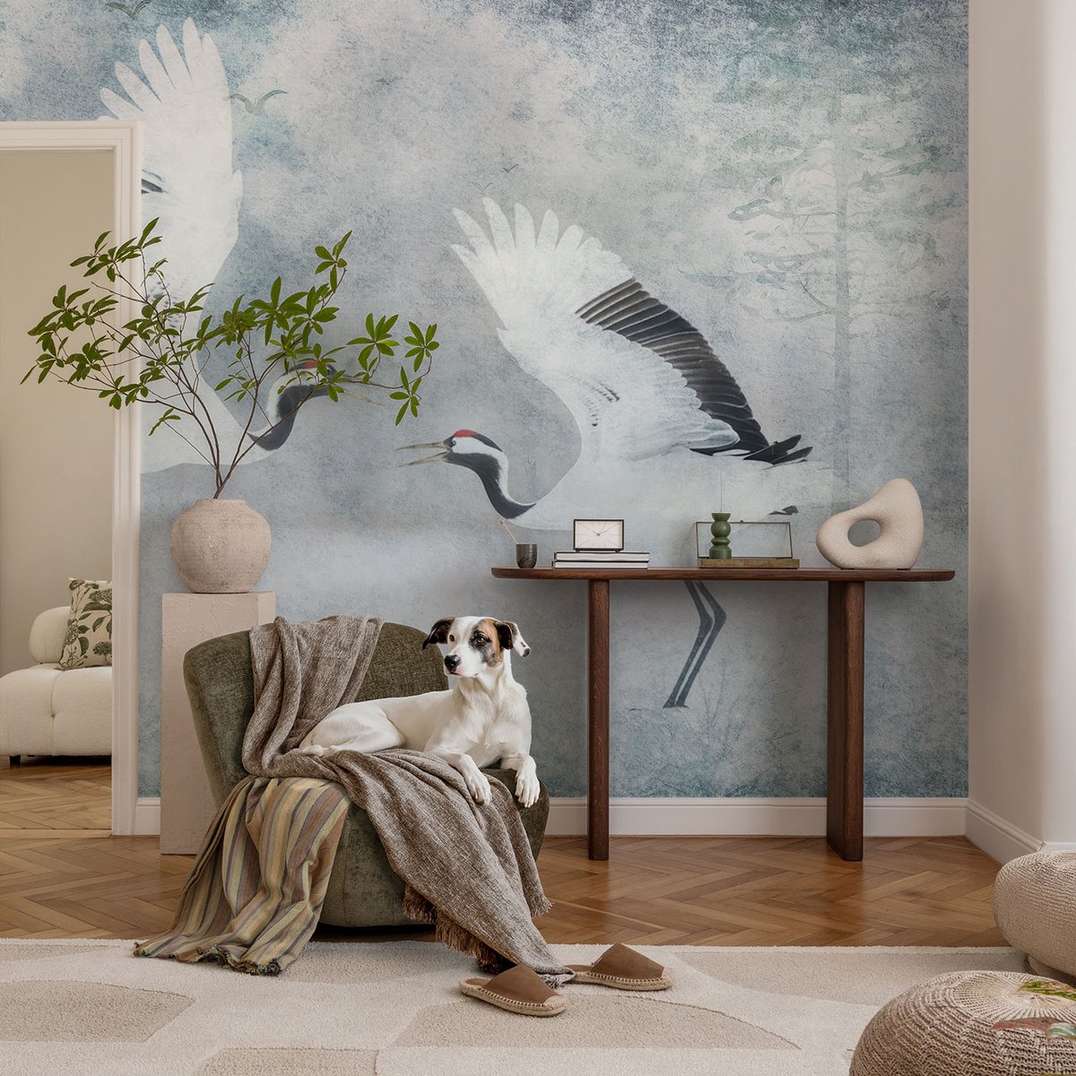 Coloray Vliesbehang - Wit Snellijm Behang - 104x70 cm - Harmonieuze Kraanvogels Fotobehang Vlies - Woonkamer behang Dieren - Muurschildering - Woonkamer behang