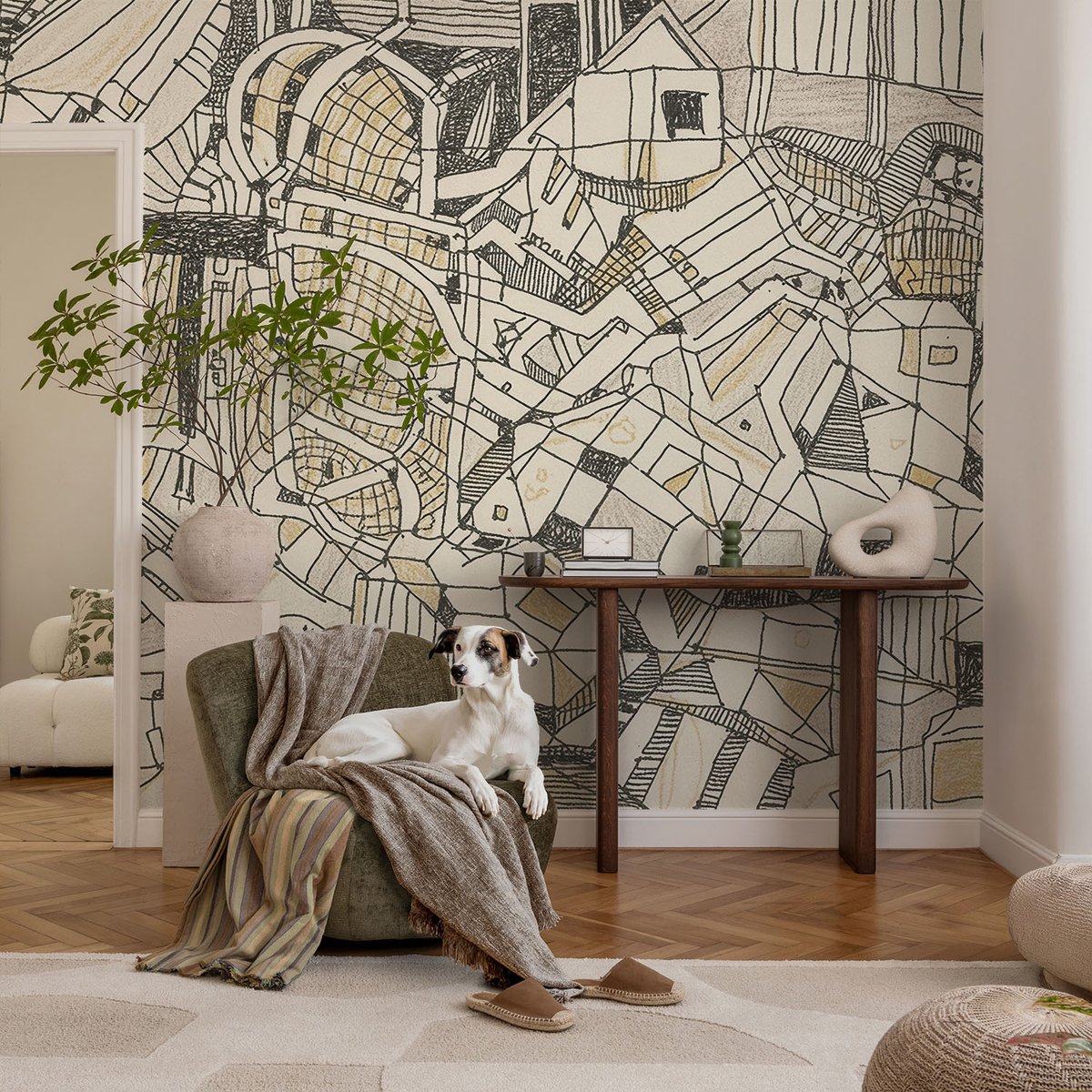 Coloray Vliesbehang - Zwart Snellijm Behang - 104x70 cm - Geometrische Abstractie Fotobehang Vlies - Woonkamer behang Abstractie - Muurschildering - Hal behang