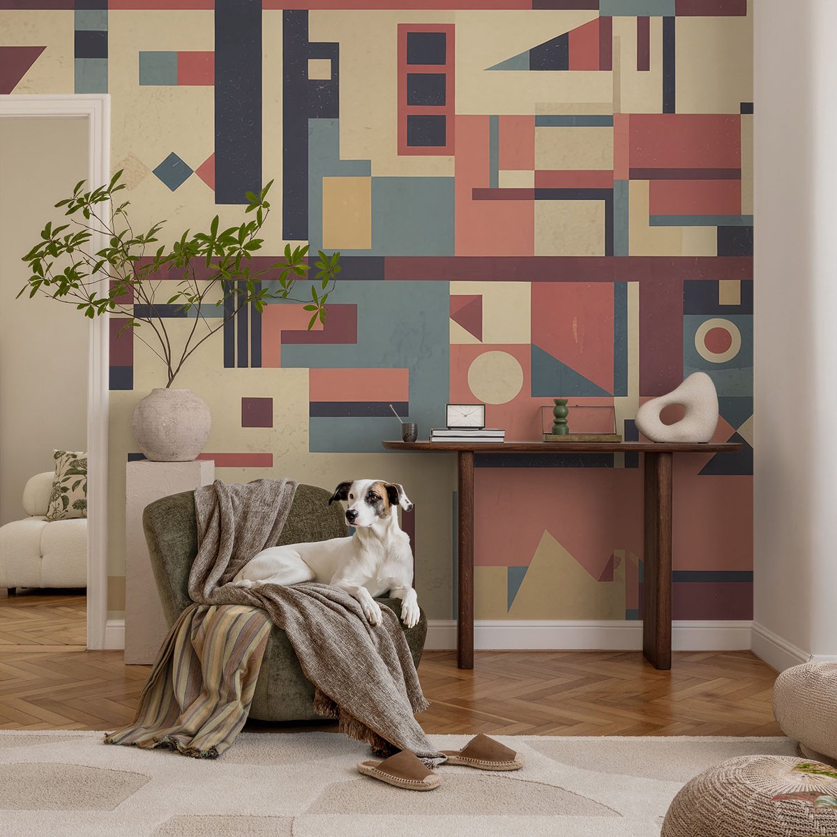 Coloray Vliesbehang - Beige Snellijm Behang - 104x70 cm - Abstracte Compositie Fotobehang Vlies - Hal behang Geometrie - Muurschildering - Woonkamer behang