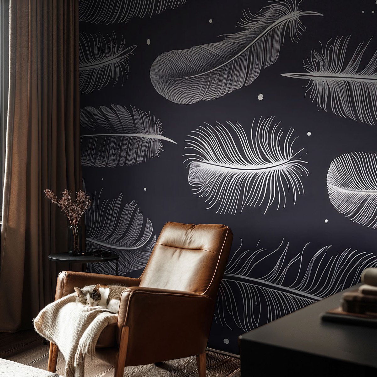 Coloray Vliesbehang - Zwart-Wit Snellijm Behang - 104x70 cm - Subtiele Veren Muurschildering - Slaapkamer behang Achtergronden En Patronen - Fotobehang Vlies - Slaapkamer behang