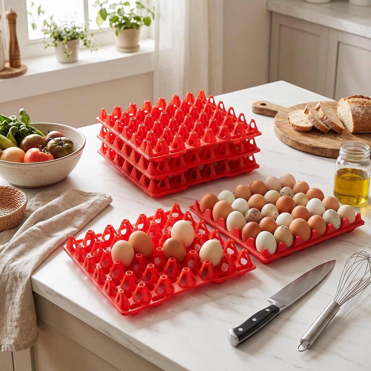 5PCS Plastic Eierflats, Stapelbare Eierkratten voor Veilige Opslag en Transport van Eieren, Duurzaam en Hoge Capaciteit voor Thuis en op de Boerderij (rood)