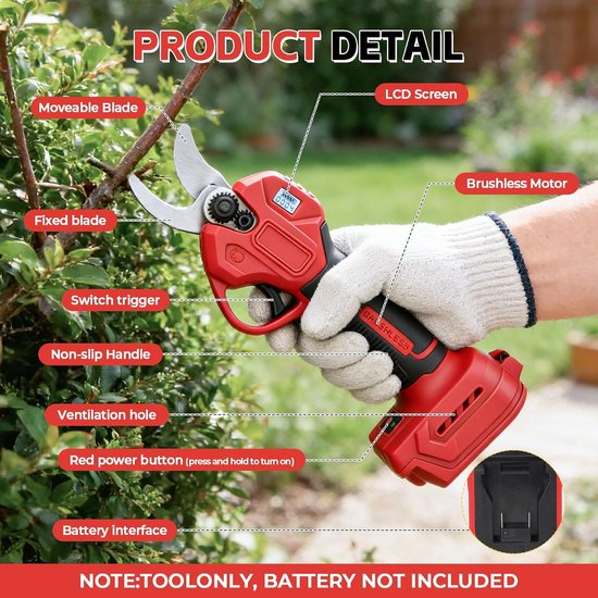 Snoeischaar voor Milwaukee M18, 300 W borstelloze motor, snijdiameter 30 mm, accu-snoeischaar, draadloze tuinsnijder voor het snoeien van struiken, bomen (rood voor Milwaukee) — afbeelding 4