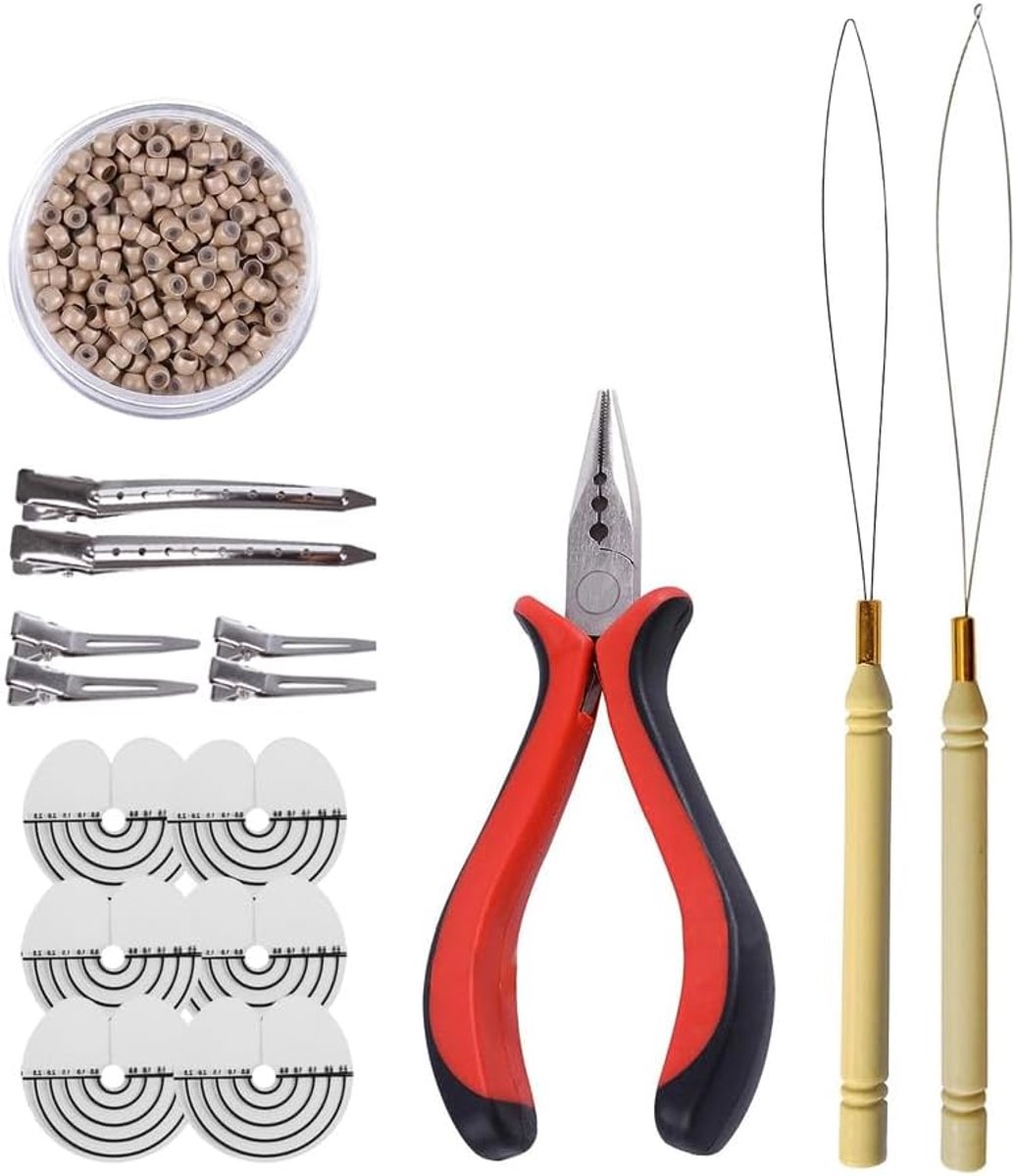 haarverlenging gereedschap Kit: 3 gat haartang, haarverlenging threader,500 stuks 3.0mm siliconen nano ringen beads (grijs blond)
