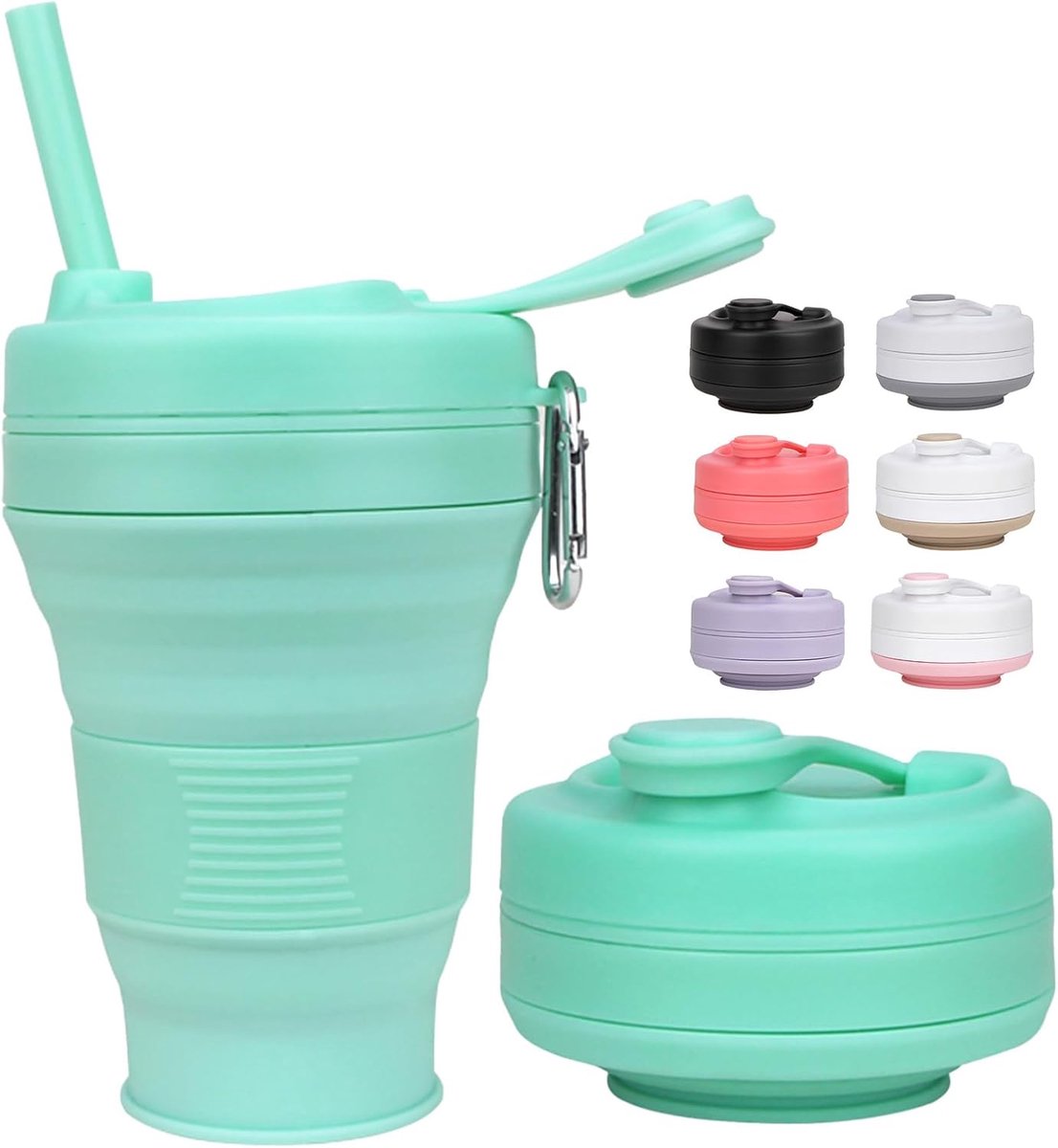 600 ml siliconen opvouwbare beker groen met rietje kunststof deksel, BPA-vrije vouwbeker, herbruikbare draagbare siliconen beker, reisbeker voor outdoor, camping, picknick, wandelen, reizen