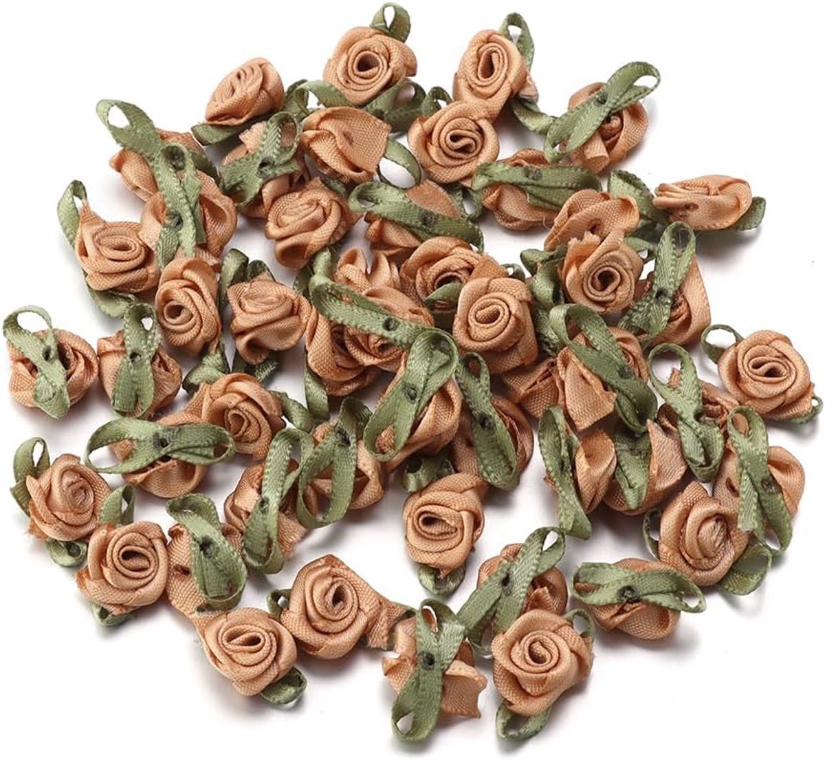 100 stuks mini satijnen rozen, mini-bandrozen, om te knutselen, strikken, rozen met blad, kleine valse kunstrozen, kunstrozen, doe-het-zelf rozenkoppen, kunstrozen, kunstrozen, kunstrozen,