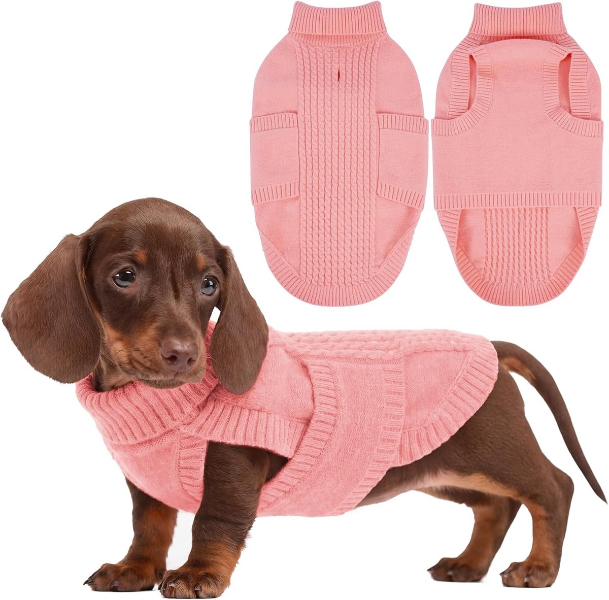 Winter | Klassieke kabelgebreide hondentrui met harnasgat | Warmere trui met rolkraag voor kleine honden | mouwloze puppykleding | Pommeren (babyroze, S)