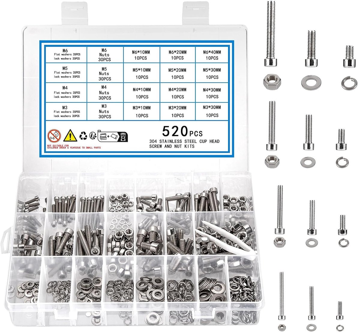 520 stuks schroevenset, M3, M4, M5, M6 cilinderschroeven met binnenzeskant schroef met moeren en sluitringen, roestvrijstalen schroefdraadschroeven, assortiment, set (520)