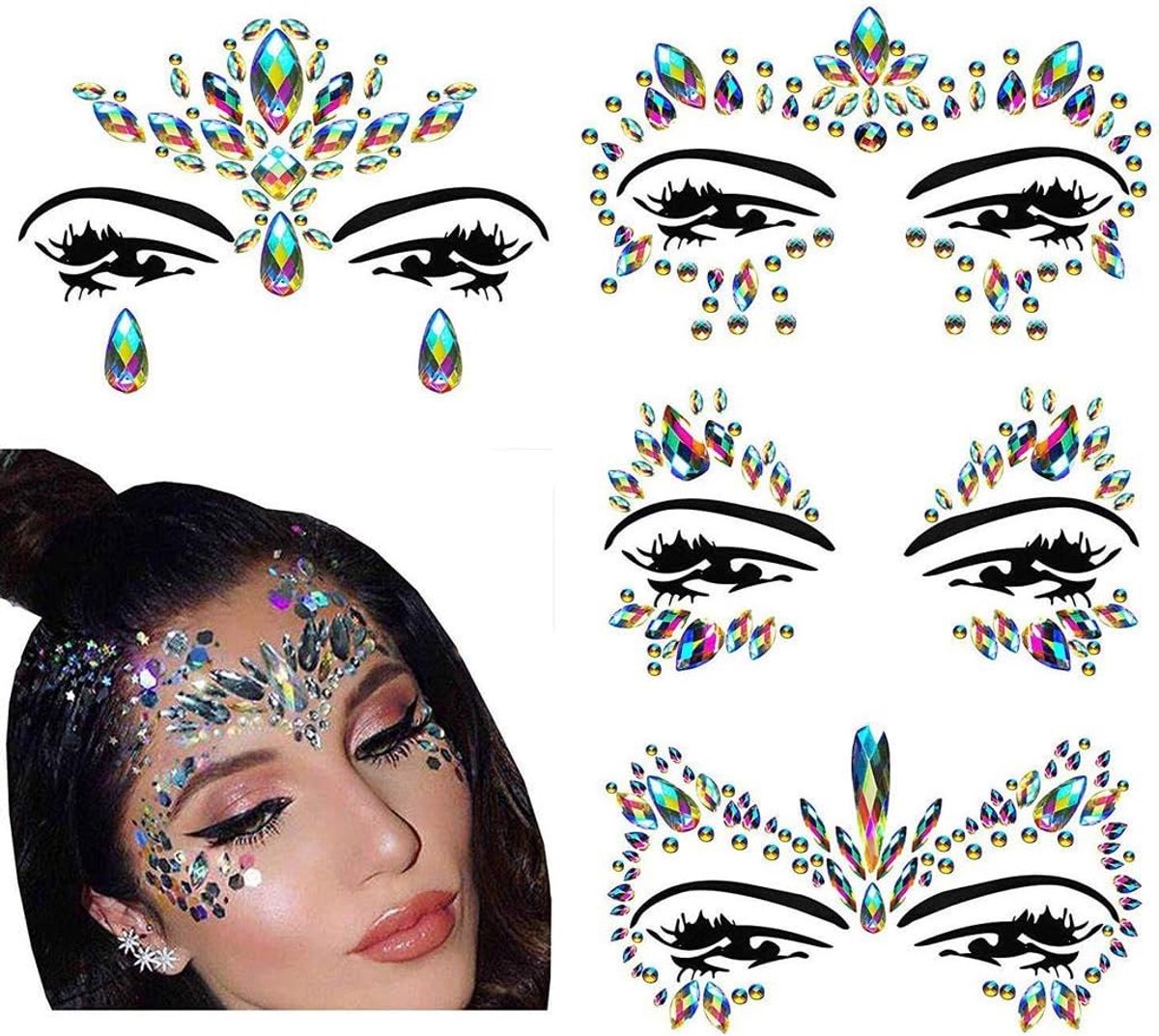 Glitterstenen voor gezicht, festival, 4 stuks geanimeerde strassteentjes, tijdelijke tatoeages, glitter, geschikt voor make-up, carnaval, feesten, muziekfestivals en gemaskerde ballen