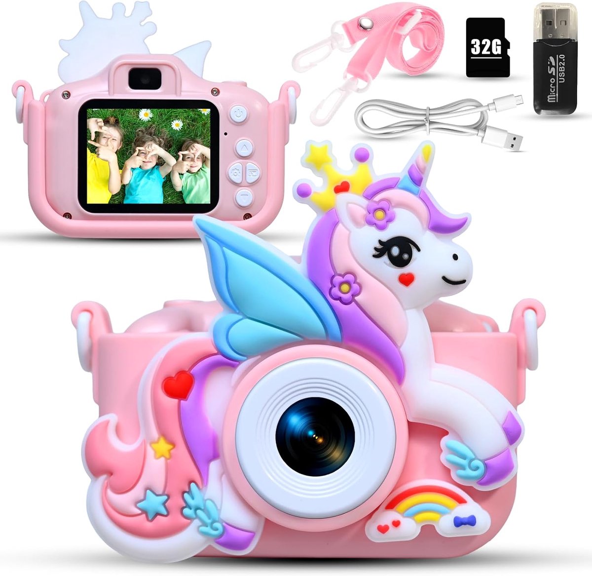 Digitale camera voor kinderen, 1080p, 2,0 inch scherm, kindercamera met 32 GB kaart, selfie, digitale camera, speelgoed, voor jongens en meisjes van 3-12 jaar, Kerstmis en