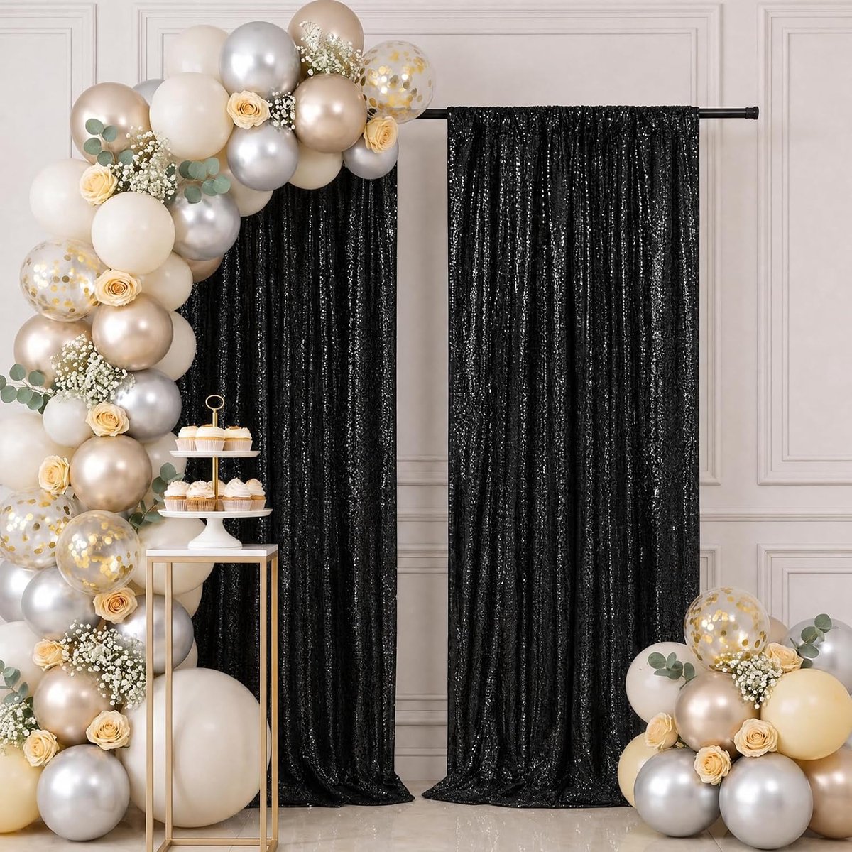 bruiloft gordijn pailletten 2 stuks 60 x 240 cm, pailletten achtergrond gordijn, glittergordijn, fotowand achtergrond voor doop, bruiloften, bruidsdouche, feest (2, zwart)