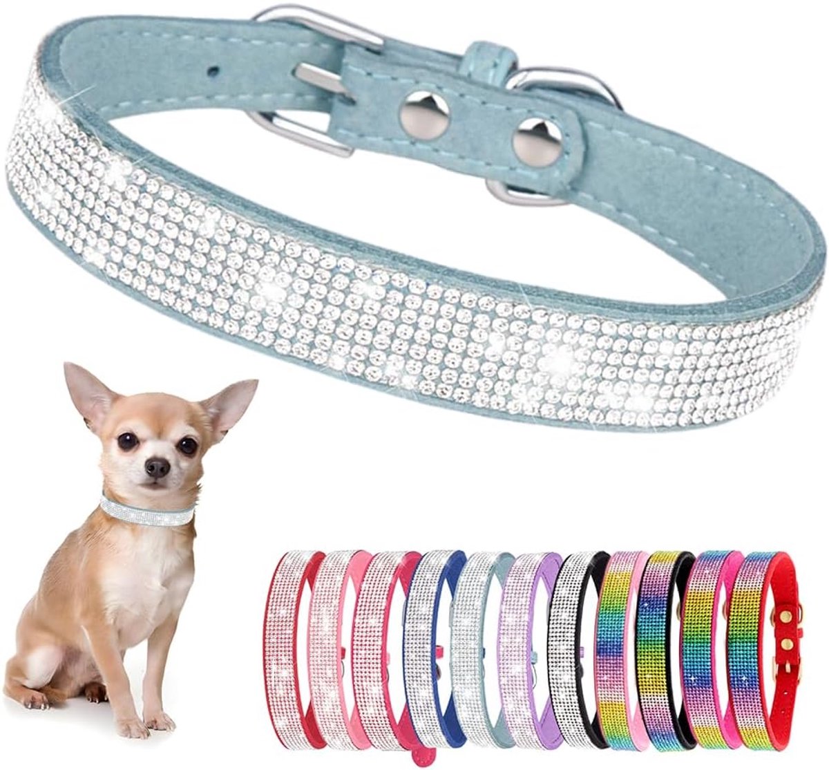 Hondenhalsband voor kleine honden, puppy met strass parels glitter kristallen stenen meisjes halsband kat hond strass steentjes, lichtblauw, M