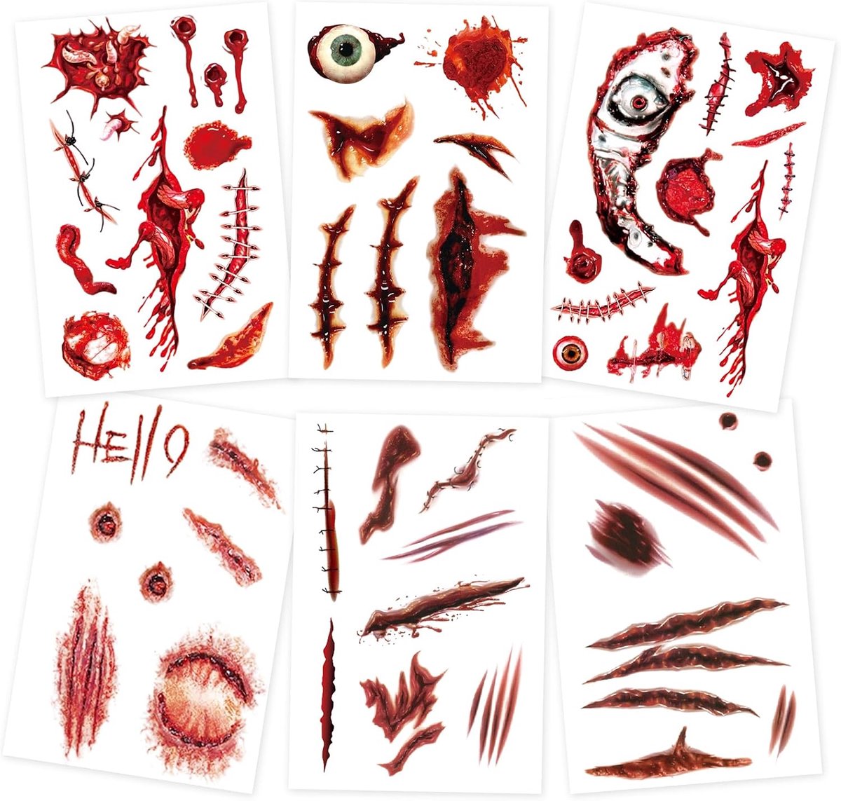 Tijdelijke Halloween-tatoeages, waterdichte realistische tijdelijke wondstickers voor griezelig kostuum, party, cosplay make-up