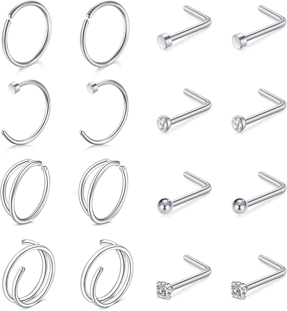 Neuspiercing set zilver goud 20G neusring neussteker