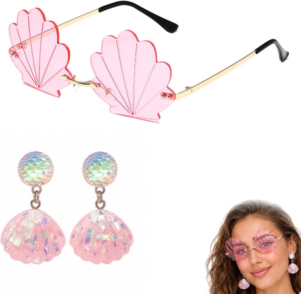 Zonnebril set volwassenen feestaccessoires – 3-delige schelp zonnebril met oorbellen en handschoenen – roze zeemeermin stijl voor zomerfeest, cosplay, verkleedfeest
