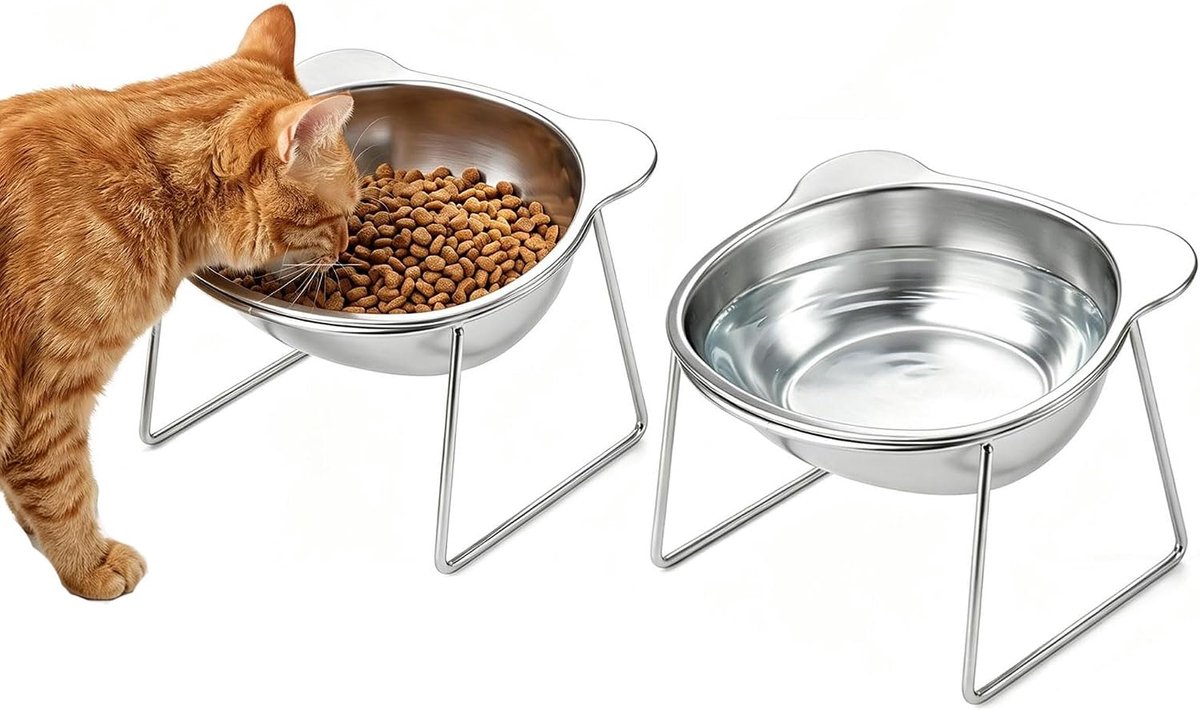 2 x verhoogde kattenbak - verhoogde kattenbakset roestvrij staal kattenbakken met standaard voerbak kattenbak kat kom met 15° kantelbaar design - voerbak waterbak set voor katten en kleine honden