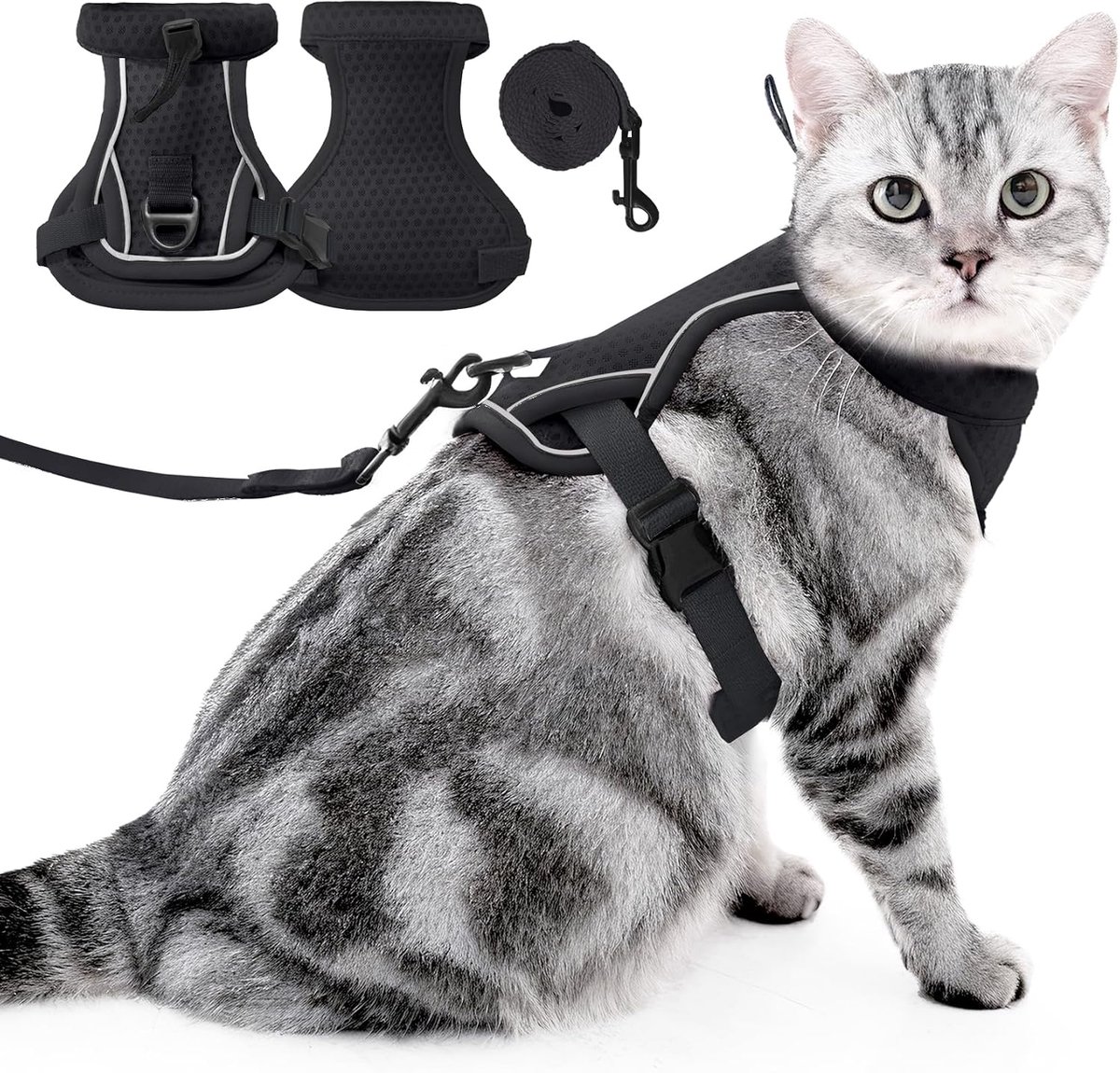 Kattenharnas en Riemset-Ontsnappingsbestendig, Verstelbaar Ademend Tuigje met Reflecterende Strepen, Veilig Lopen, Wandelen voor Kleine Middelgrote Grote Katten reis Kitten Halsband (Zwart, M)