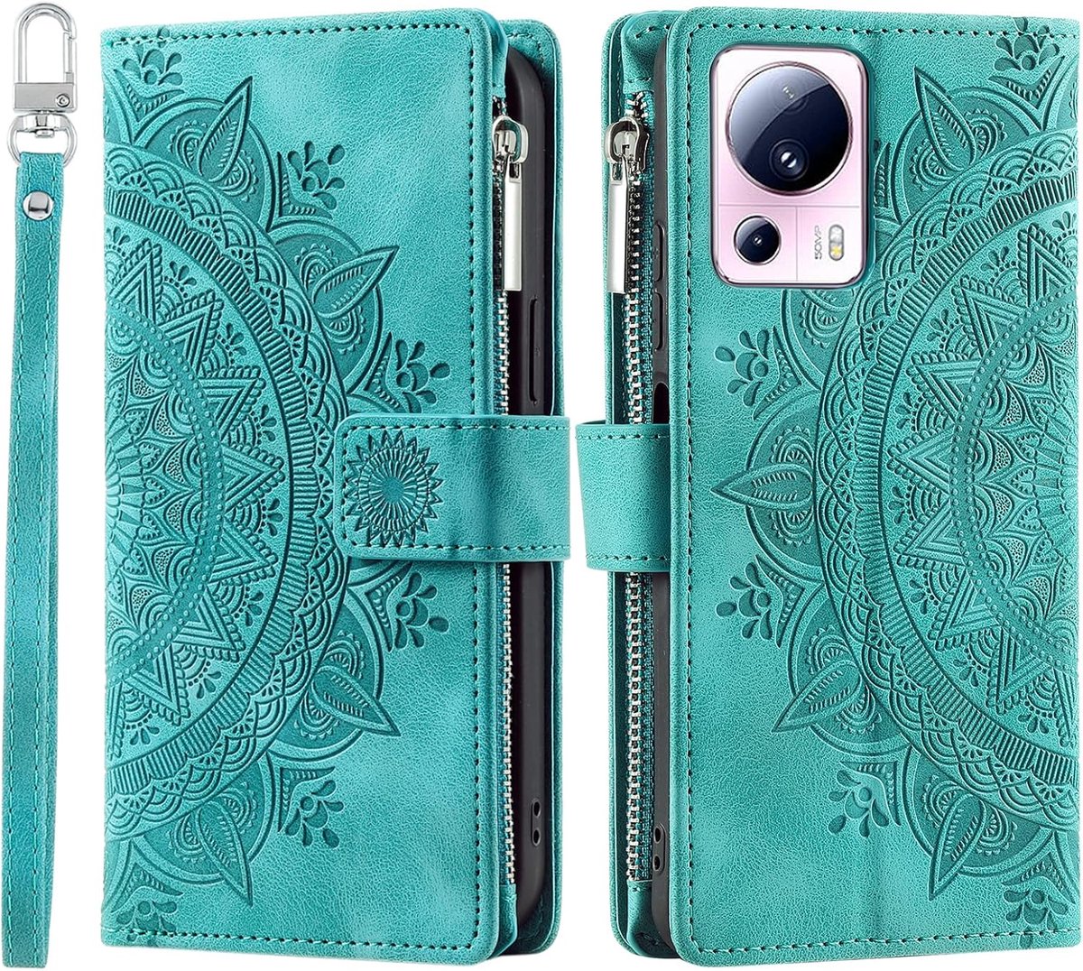 Hoes voor mobiele telefoon voor Xiaomi 13 Lite, klapbare telefoonhoes met bloemenmotief, beschermhoes met kaartenvak, mobiele telefoon, bookcover, flipcase, standaard, groen