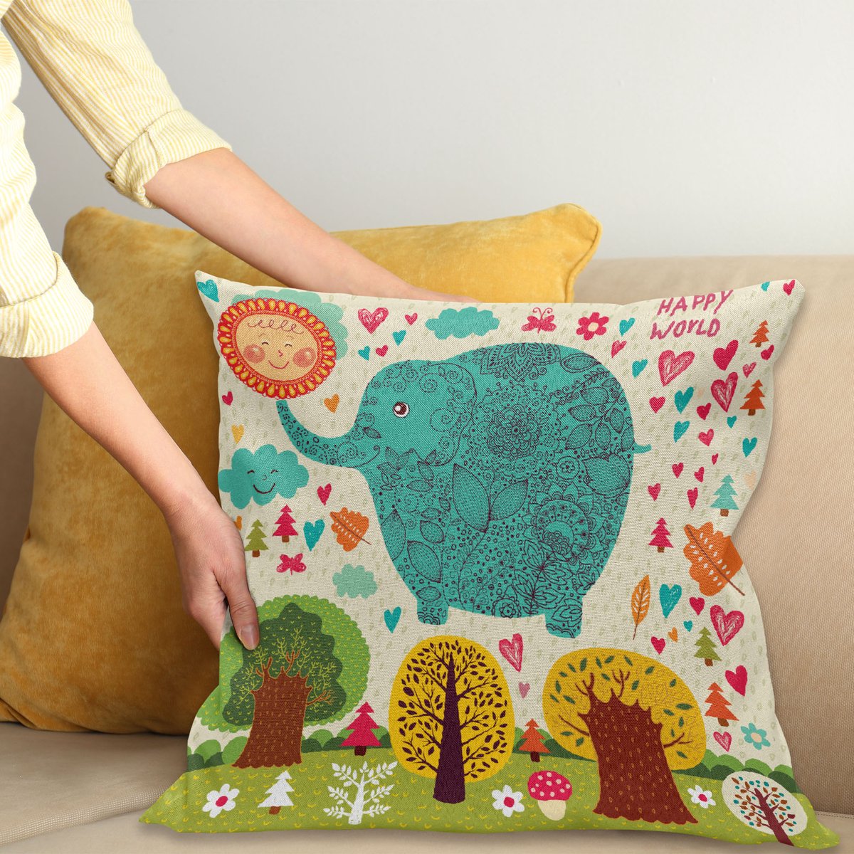 ABAKUHAUS Kleurrijk Kussenhoes, Elephant Bomen Bladeren, Decoratieve Kussenhoes met Dubbelzijdige Print, Ritssluiting, Wasbaar, 45 x 45 cm, Meerkleurig