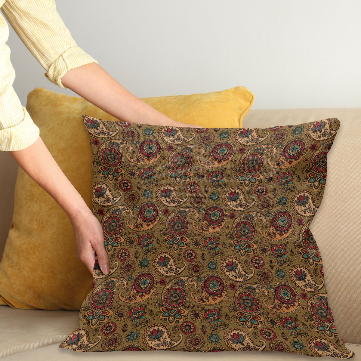 ABAKUHAUS Paisley Kussenhoes, Vintage-Motief, Wasbare Sierkussenhoes voor Binnen/Buiten, Dubbelzijdige Print met Ritssluiting, 50 x 50 cm, Meerkleurig