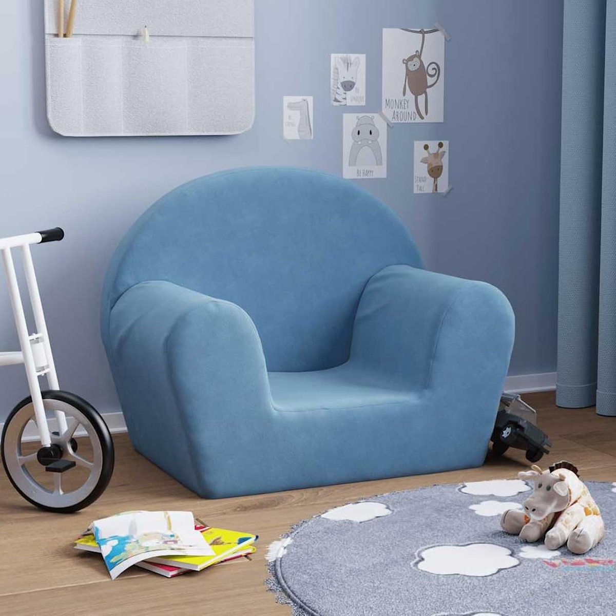 Kinderbank, blauw, zacht pluche, woonkamer gestoffeerde bank voor kleine ruimtes, kantoor, logeerkamer, slaapkamer 356984