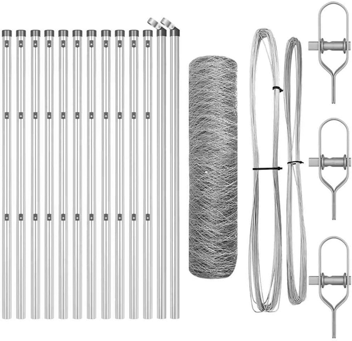 Palen, set van 4 stuks, zilverkleurig, 25 x 0,5 m met 36 mm net, weerbestendige stalen hekpalen voor tuin en terras