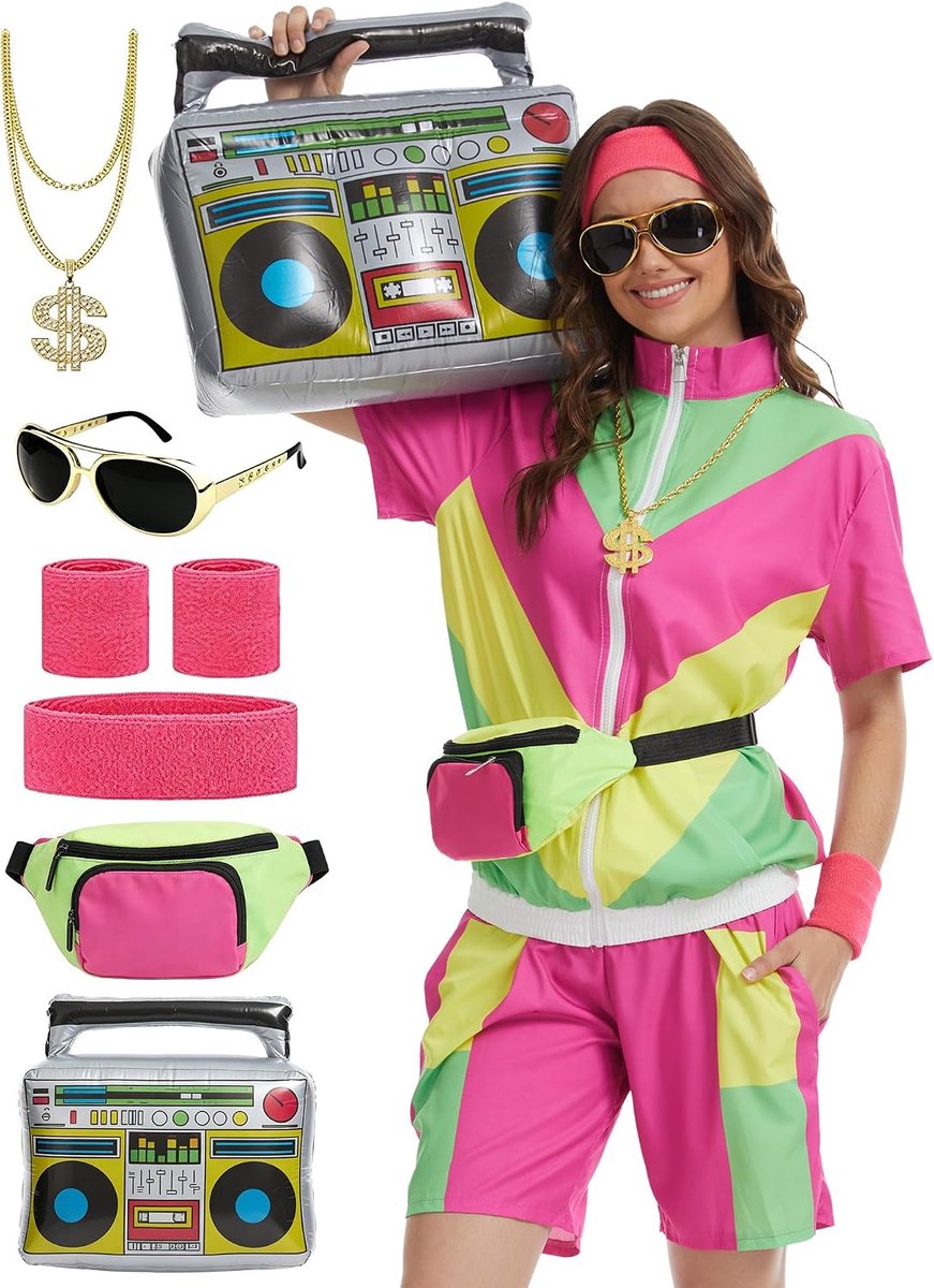 80-jaren 90 verkleedpak voor dames, kleurblok, 2-delig trainingspak met korte mouwen, feestoutfit voor Halloween en carnaval