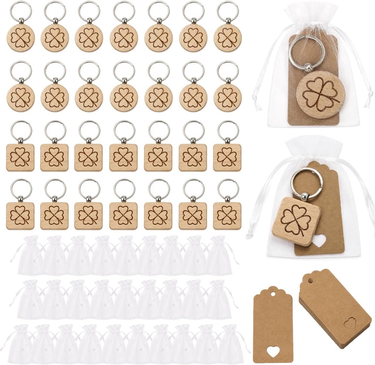 30 sleutelhangers klaverblad hout wenskaarten organza zakjes
