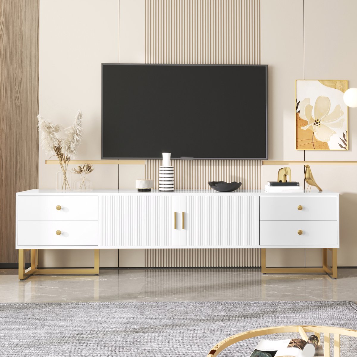 tv meubel laag model met lades en deuren - Voor woonkamer - 175 cm breed - Wit - Gestructureerde deurfronten - Gouden grepen en poten - Soft-close scharnieren - Geschikt voor 70 inch tv