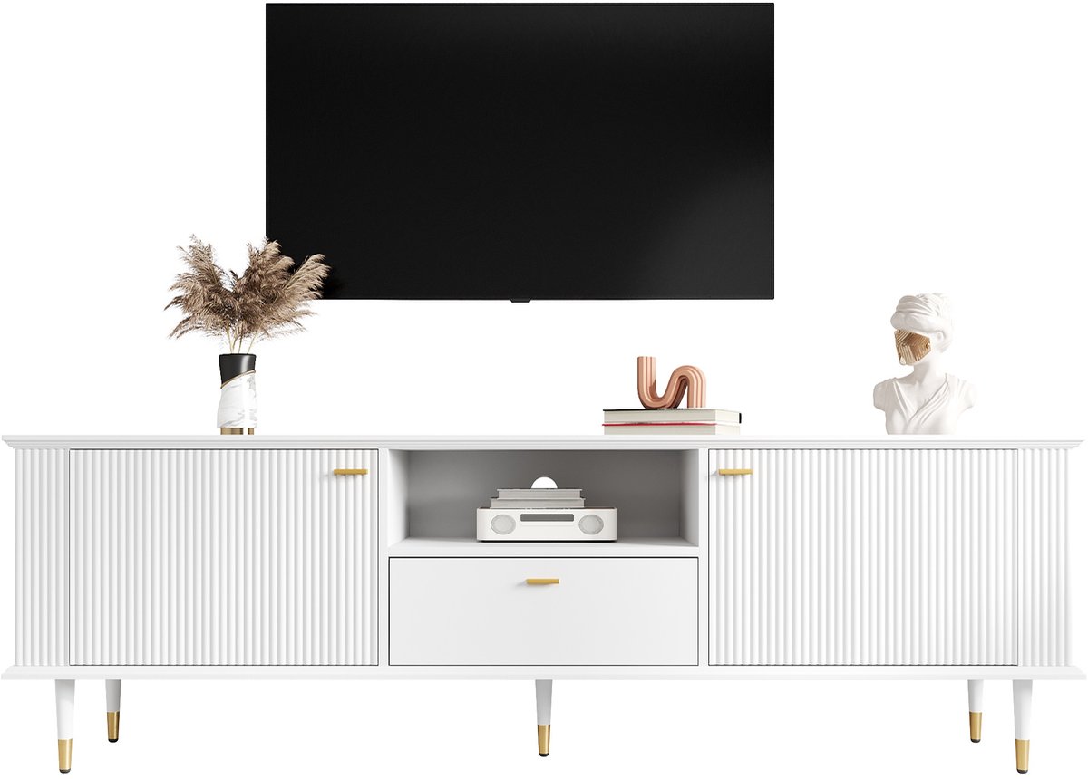tv meubel Wit 170x36x54 cm - 2 deuren, lade en open vak - Soft-close scharnieren - Gouden metalen poten en grepen - Kabelmanagement