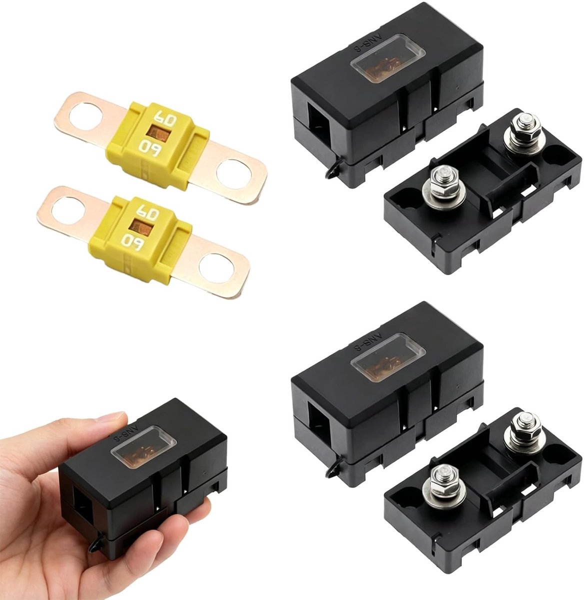2 stuks zekeringhouder voor auto ANS & 2 Midi 60 A, Midi zekeringen met hoge geleiding, zekeringhouder 12 V-58 V, waterdicht, hoge stroomzekeringen voor auto's, vrachtwagens, caravans, voertuigen