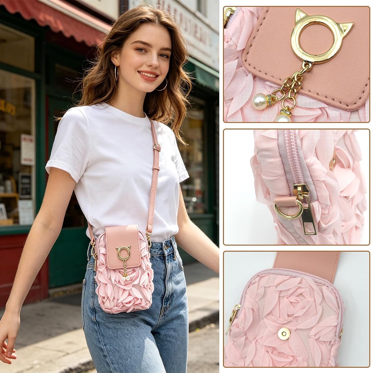 Crossbody Tas 3D Bloemen, Leuke Roze Cross Body Tas Vrouwen met Afneembare Verstelbare Riem, Lederen Rozen Mobiele Telefoon Tassen met Rits voor Vrouwen Zomer Strand Bruids Prom Party Bruiloft