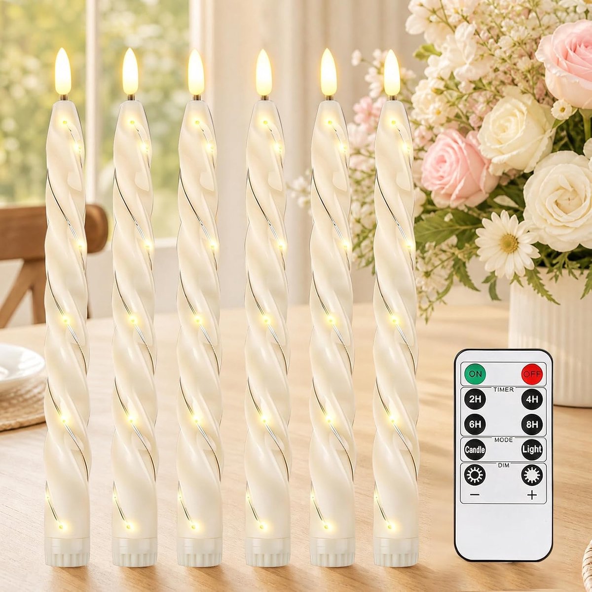 6 stuks ivoorkleurige led-staafkaarsen met timerfunctie en afstandsbediening voor Halloween, kerstdecoratie, bruiloft, feest, kamerdecoratie (2 x 27 cm)