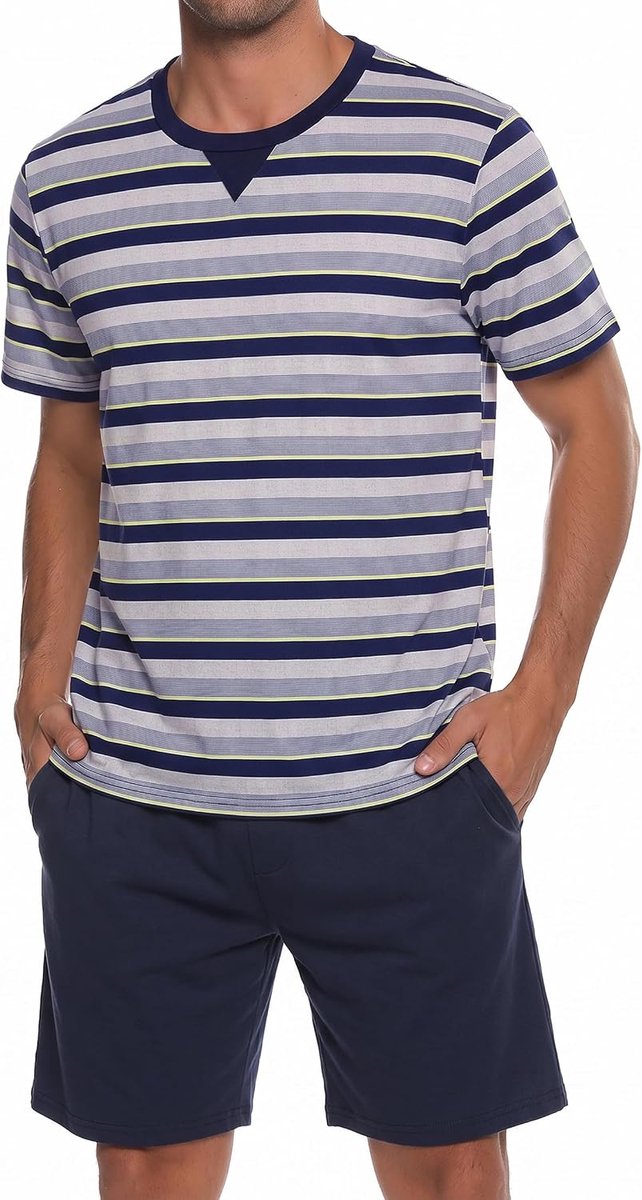 pyjama voor heren, van katoen met contrasterende strepen, zomerpyjamaset, bovendeel en korte broek, vader en partner, groen, L